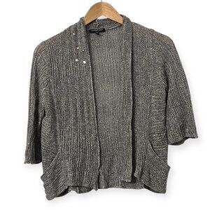 Eileen Fisher Petite PP Linen Silk Open Knit Cardigan Gray Studded 3/4 Sleeve